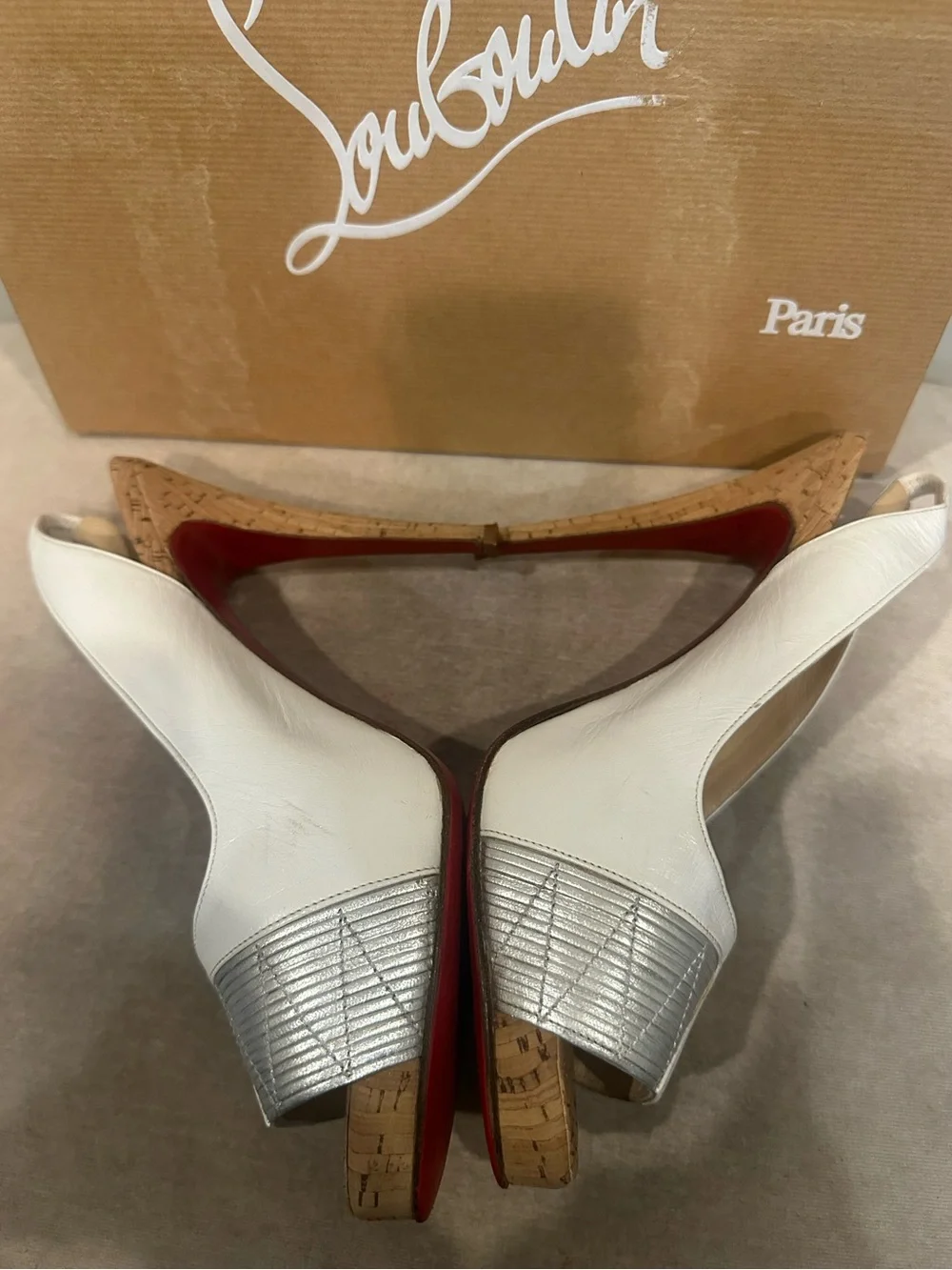 Christian Louboutin White and Silver Peep-Toe Slingback Heel